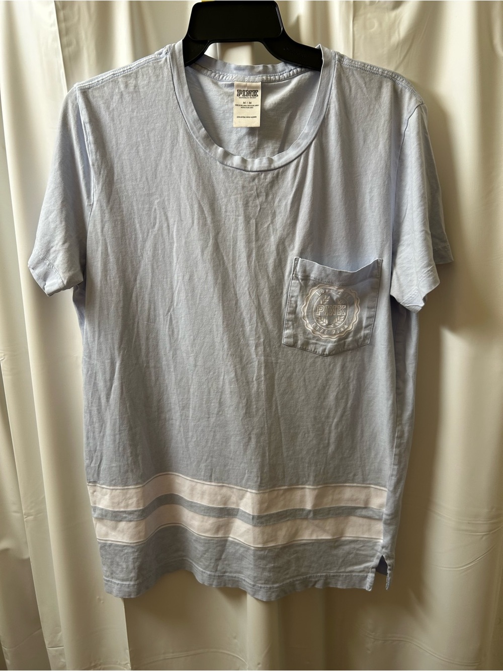 PINK Victoria's Secret Light Blue Short Sleeve Pocket Tee with White Stripes